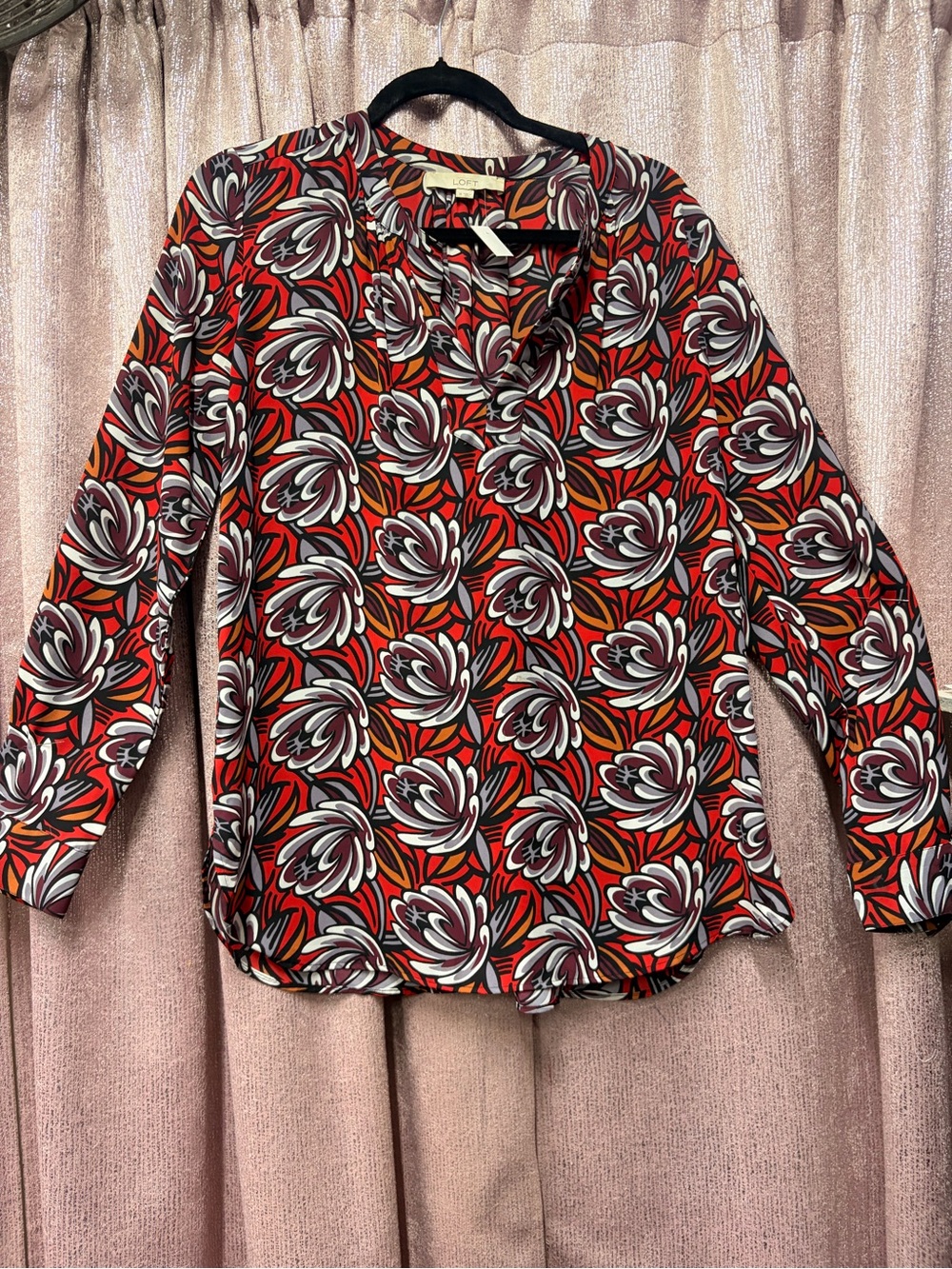 LOFT Red Multi Floral Long-Sleeve Blouse